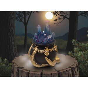 New Halloween Spooky Light Up Blue Crystal Black Cauldron W/ Witch Hand Decor